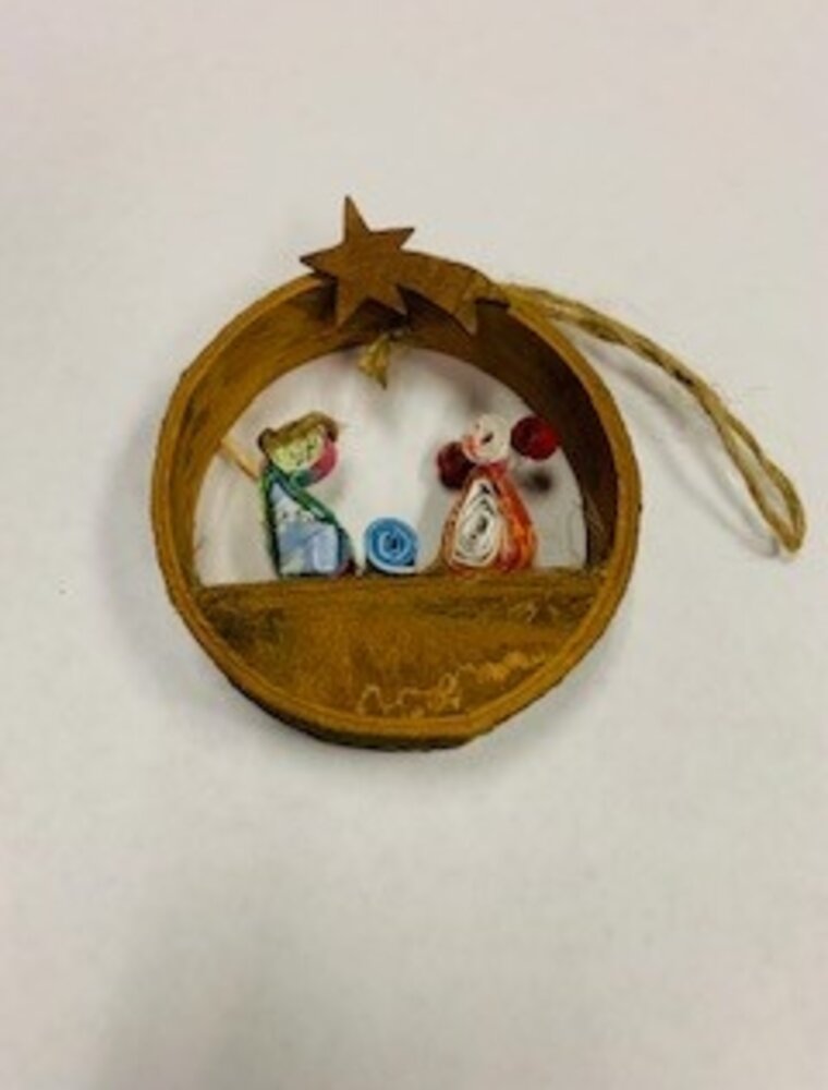 Ornament - Wood Circle Cinnamon Paper Nativity