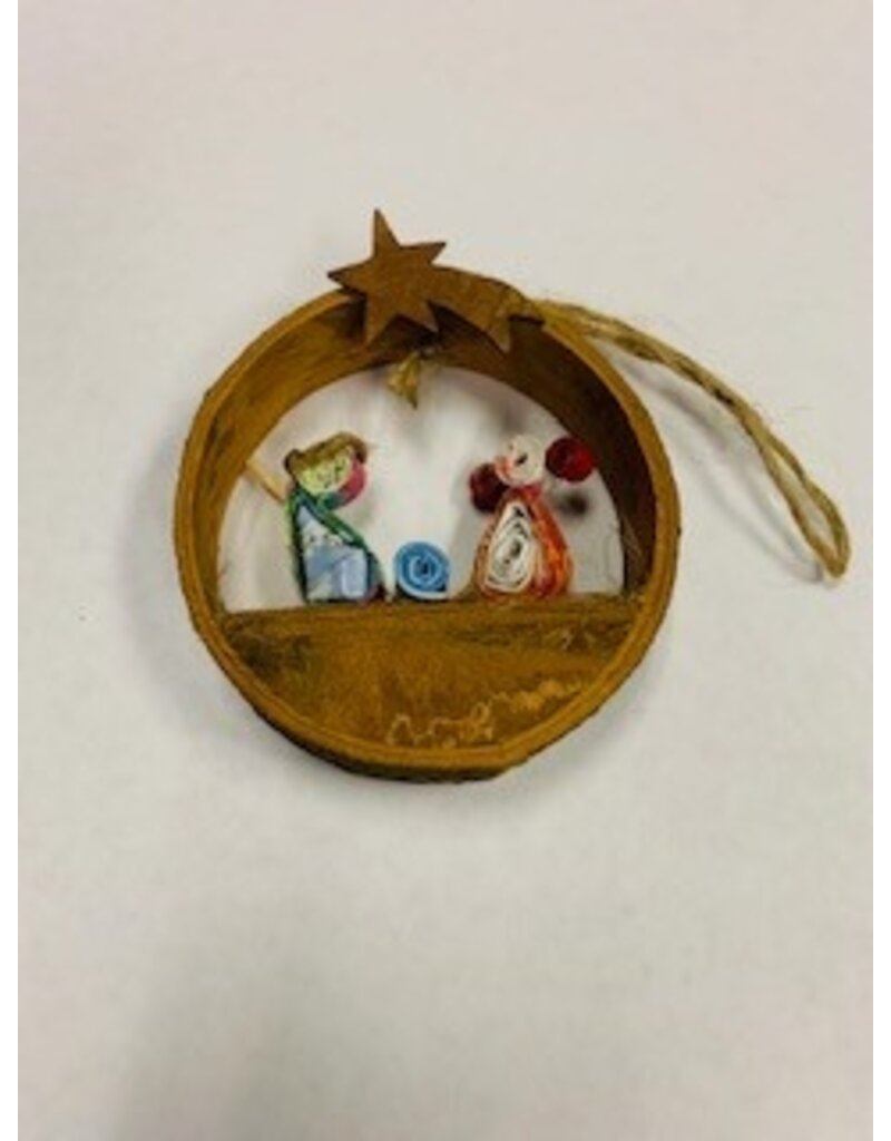 Ornament - Wood Circle Cinnamon Paper Nativity