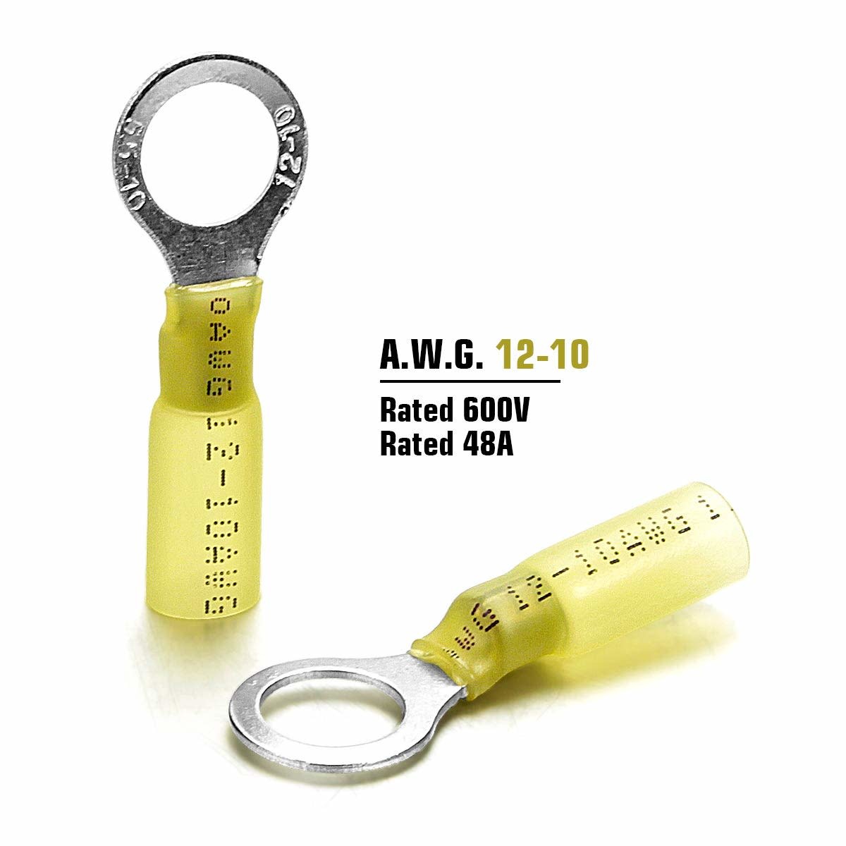 Yellow 12/10 Gauge, Size 3/18 Screw - 100 Pcs Unique Marine Grade Electrical Nylon Insulated Adhesive Lined Heat Shrink Ring Terminals 