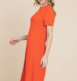 TLC SOLID THIN RIB SHORT SLEEVE ROUND NECK MIDI DRESS