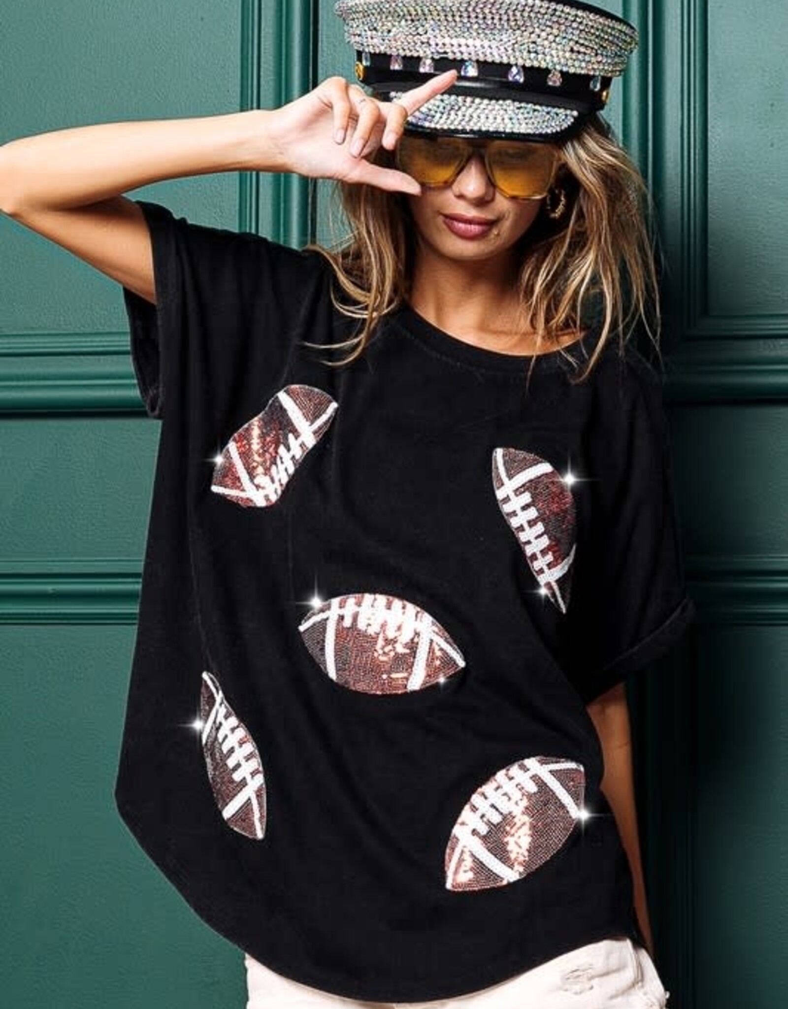 TLC FOOTBALL SEQUIN EMBROIDERY VINTAGE WASHED TOP TLC FOOTBALL SEQUIN EMBROIDERY VINTAGE WASHED TOP