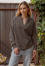 TLC STRIPE SPLICED GROMMET LONG SLEEVE KNIT TOP