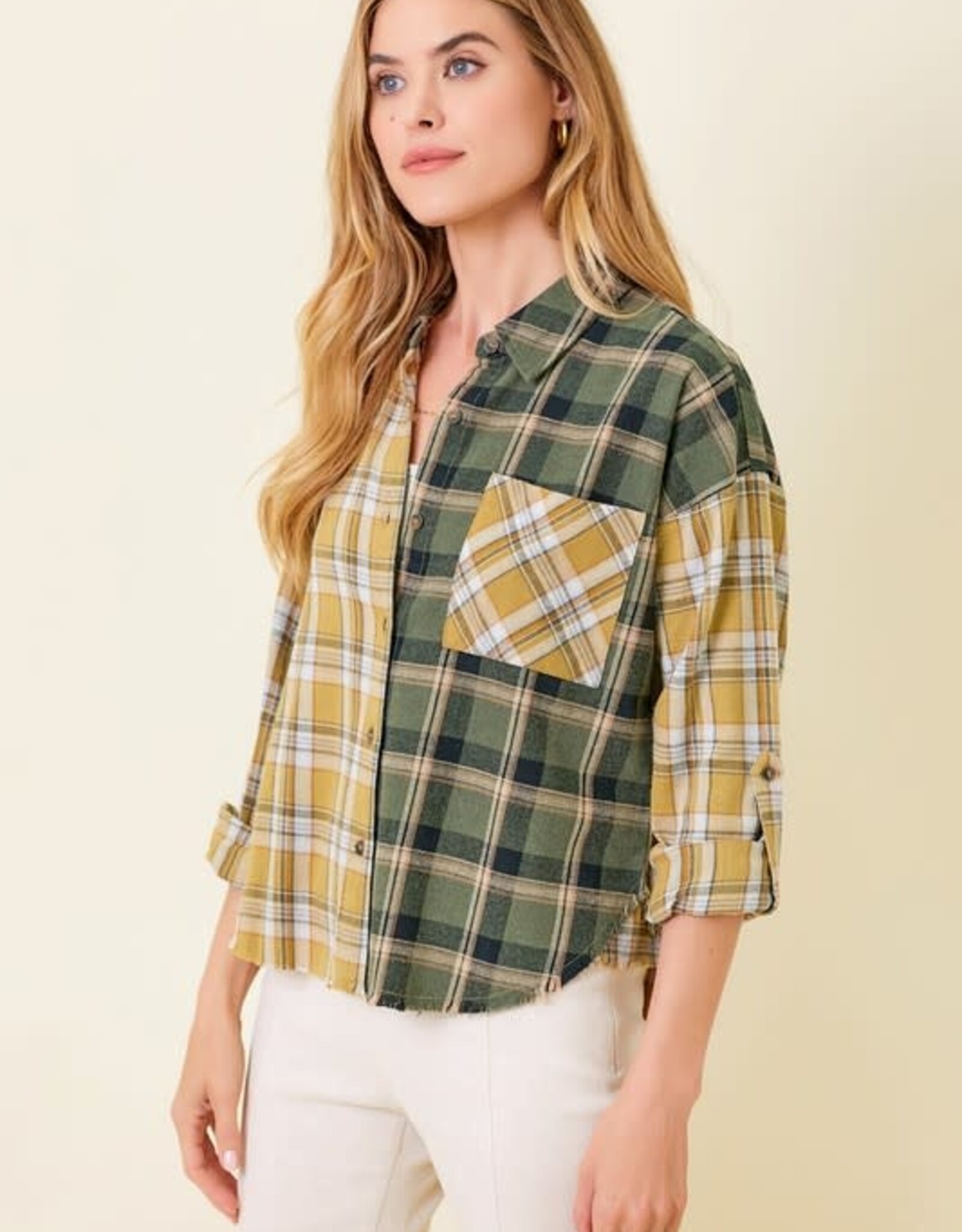 TLC Frayed Hem Color Blocked Check Shirt