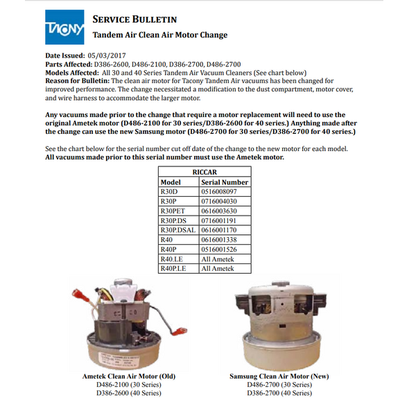 Riccar Genuine Riccar R30 & Simplicity S30 Clean Air Motor