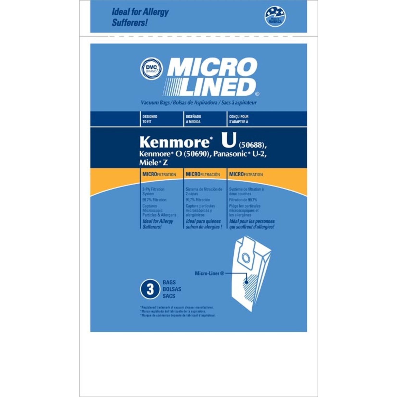 DVC  Kenmore Style "U", 50688 & 50690 Paper Vacuum Bags  - 3pk