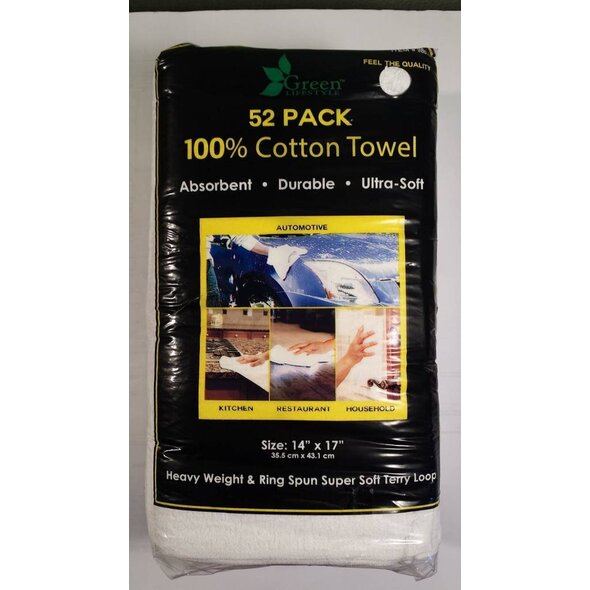 Green Lifestyle 14" X 17" 100% Cotton Terry Loop Shop Towels - 52 Pack