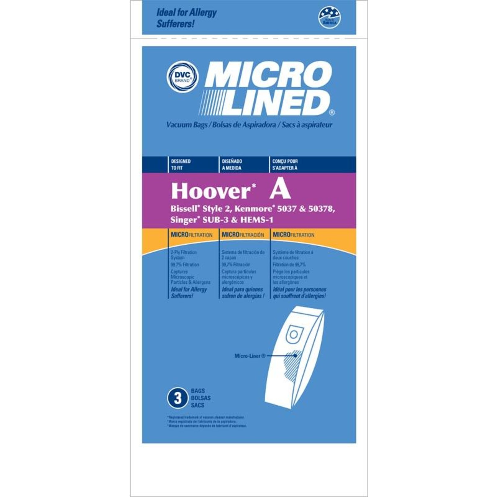 DVC Hoover & Kenmore 5037 & Bissell Type "2" Vacuum Bags - 3pk