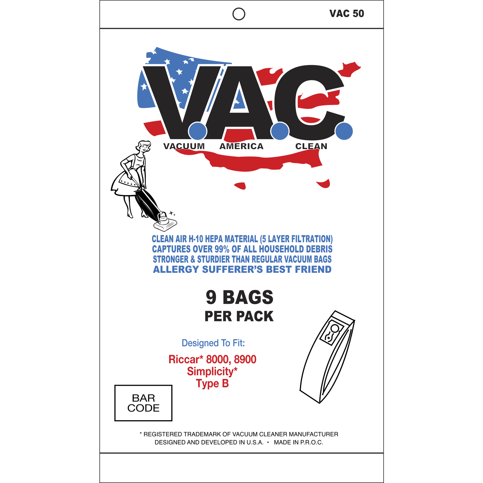 Vac America V.A.C. Riccar 7000, 8000 Type "B" HEPA Vacuum Bags - 9pk