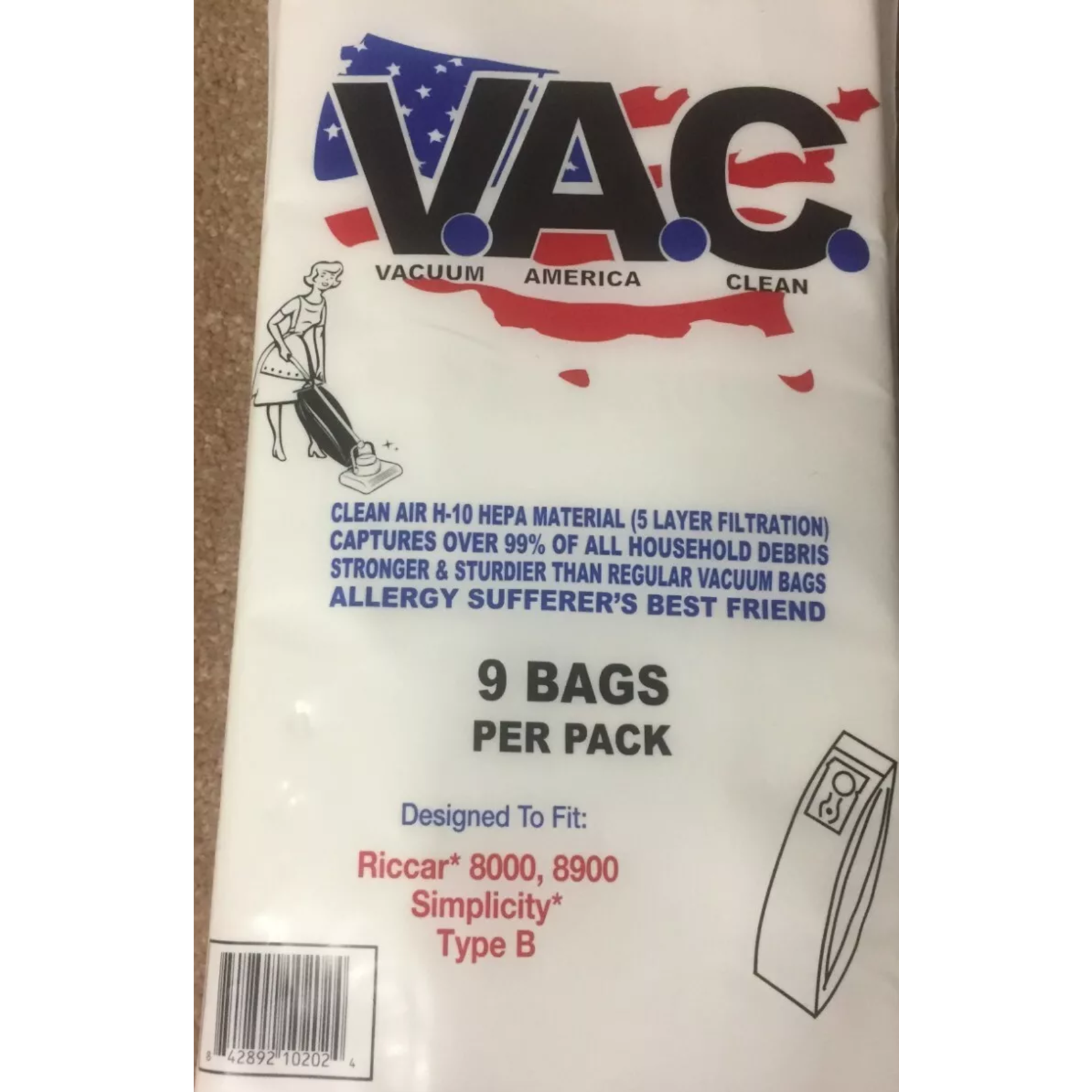 Vac America V.A.C. Riccar 7000, 8000 Type "B" HEPA Vacuum Bags - 9pk