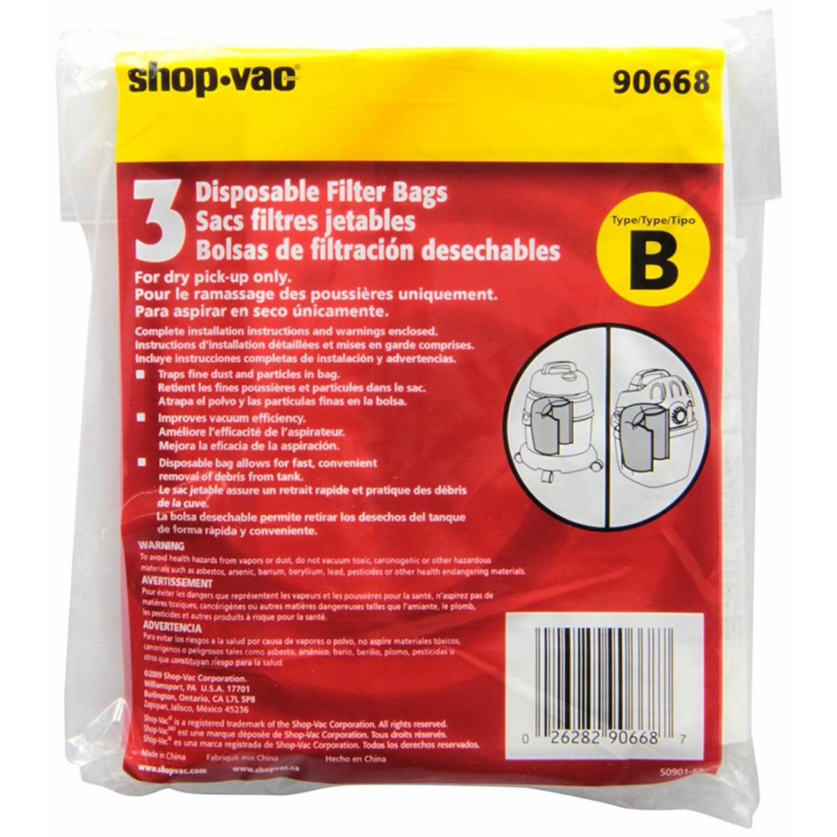 Shop Vac Type "B" Paper Vacuum Bags - 3pk
