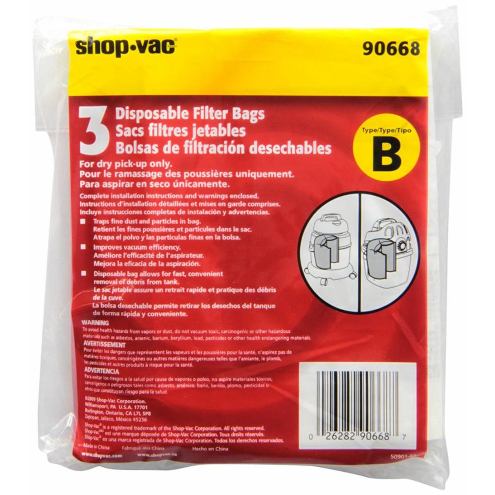 Shop Vac Type "B" Paper Vacuum Bags - 3pk