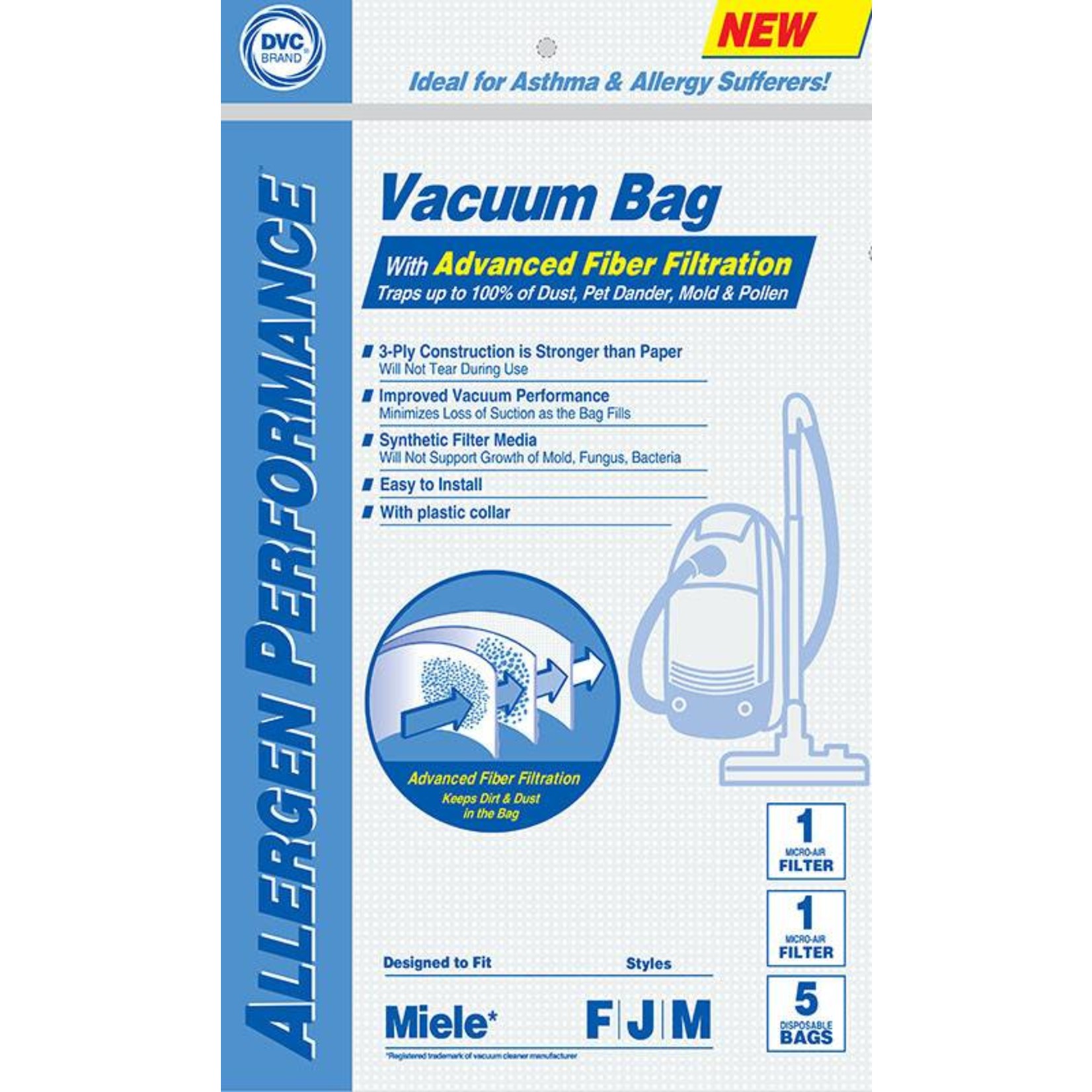 DVC DVC Miele Style "F, J, M" Vacuum Bag (5pk + 2 Filter)