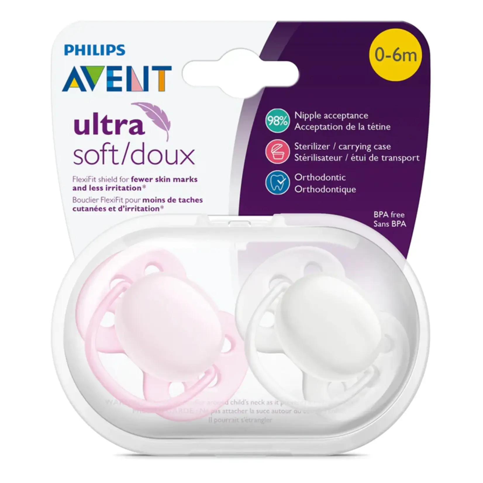 Avent Ultra Soft Pacifier 0-6M - White and Pink