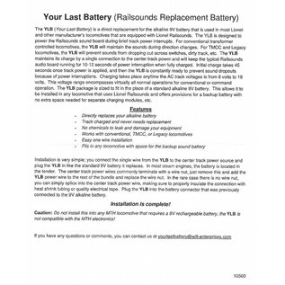 JW&A 10500 - Your Last Battery, Railsounds Batt. Replacement