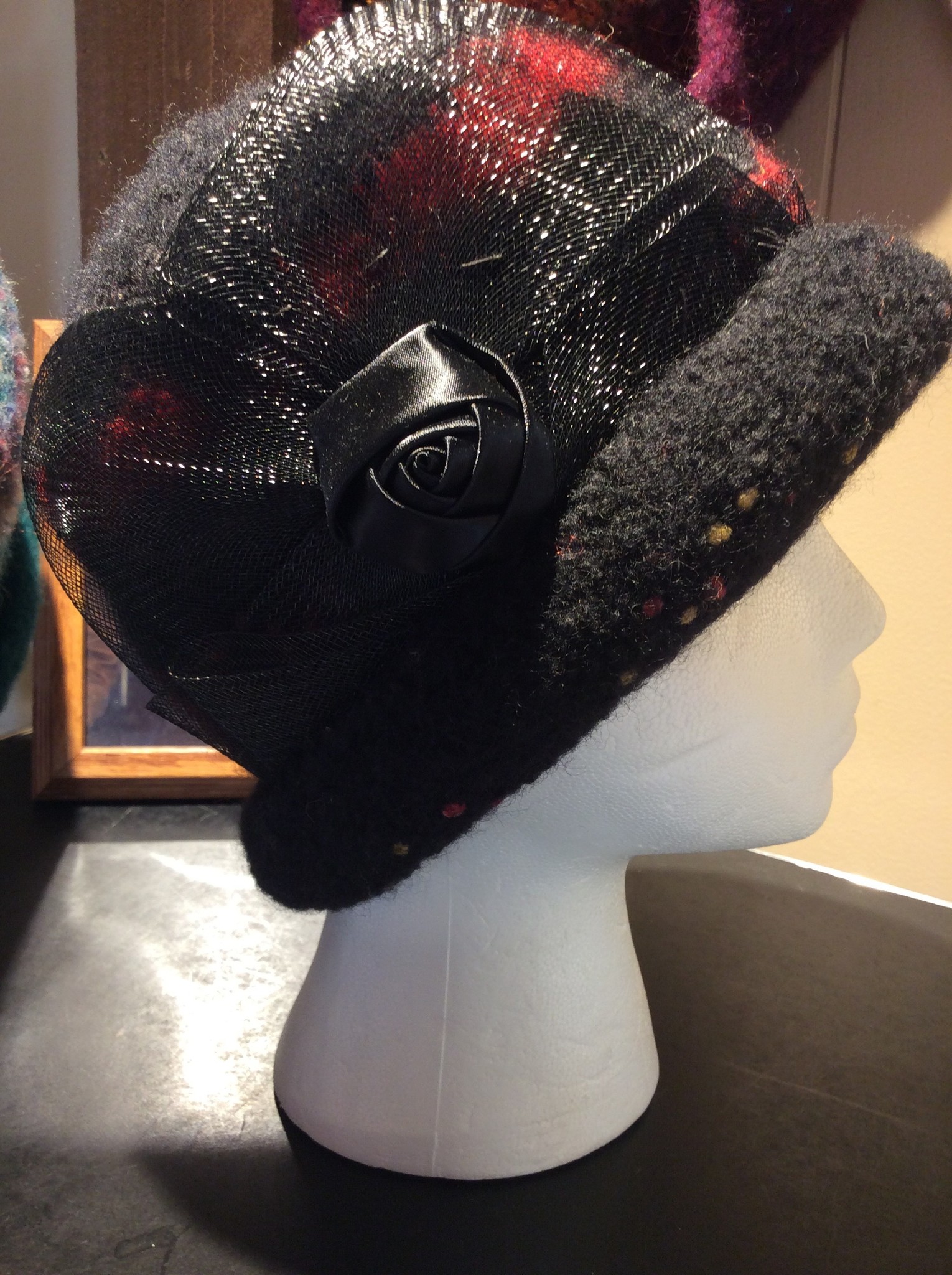 Hand Knit and Felted Hat w/Black Rossette