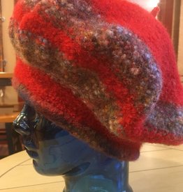 Hand Knit & Felted Beret Red & Grey