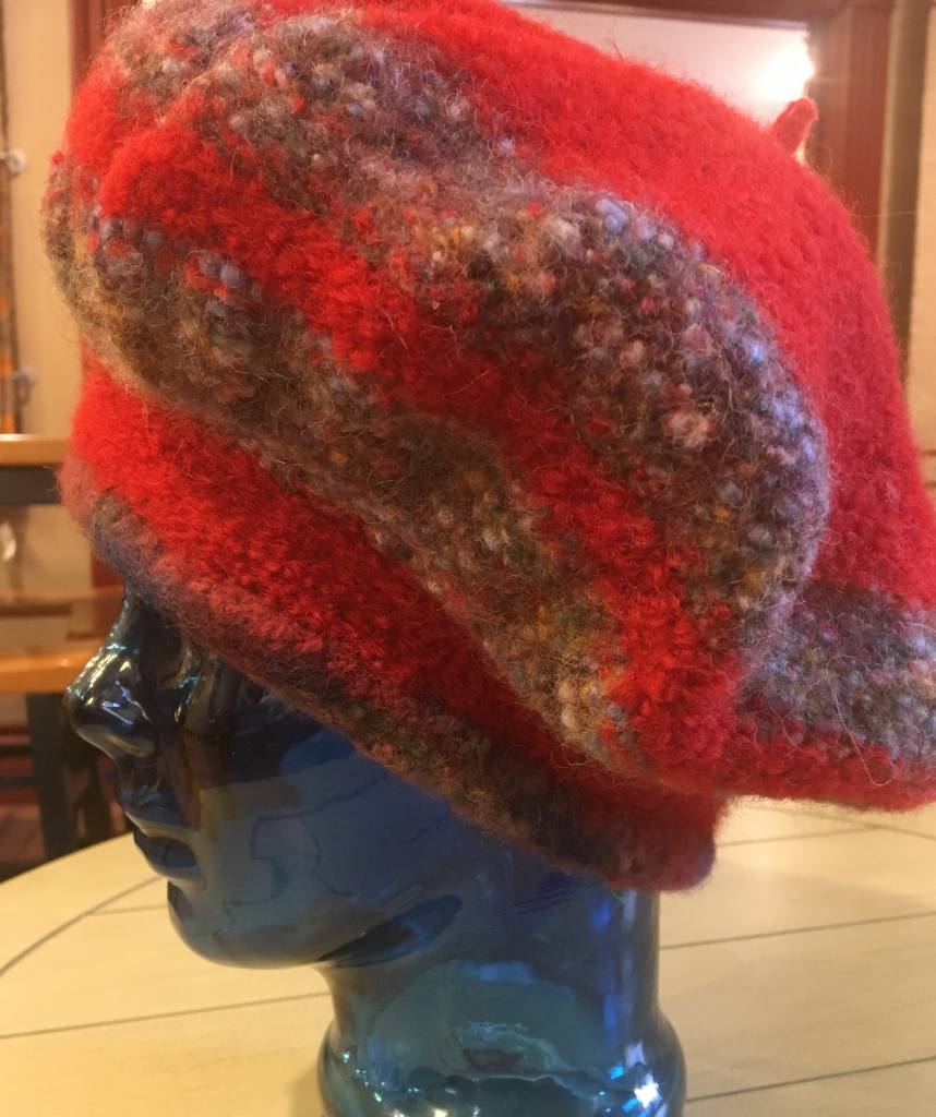 Hand Knit & Felted Beret Red & Grey