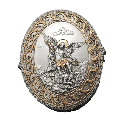 St. Michael Oval Box Pewter Style with Gold Trim 3.75"x4.5"