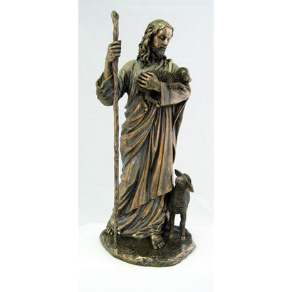 Good Shepherd, Cold-Cast Bronze Lightly Hand Painted 11.5" Statue