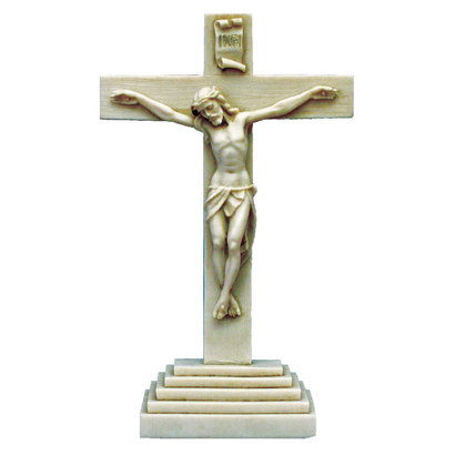 Standing Antiqued Crucifix, Alabaster, 10.5"