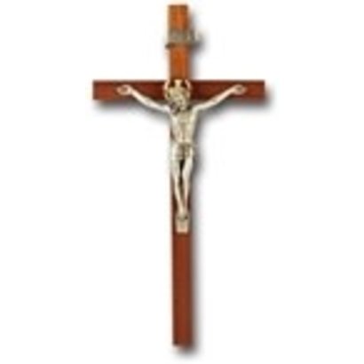 11" WALNUT CROSS WITH ANTIQUE SILVER PLATED CORPUS