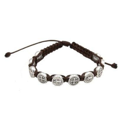 St. Benedict Slipknot Bracelet Brown Silver Tone Medals