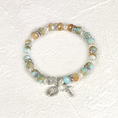 Turquoise Imitation Stone with Strass crystals stretch bracelet with Miraculous Medal and Crucifix