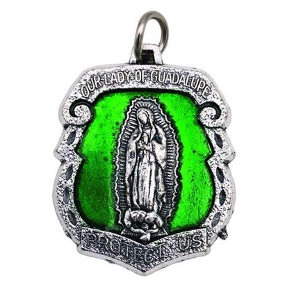 Silver-tone Lady of Guadalupe Medal with Green Enamel
