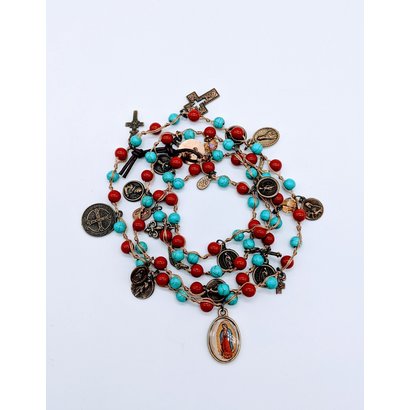 Gemstone Wrap Bracelet, Coral & Turquoise w/ Medals