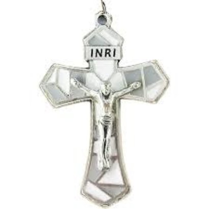 1-1/2 inch White/grey Silver Tone Enameled Crucifix, Made in Italy