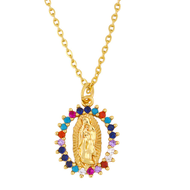 Our Lady of Guadalupe Die Cut Oval Pendant with Multicolor Rhinestones on 18" Gold Plated Chain