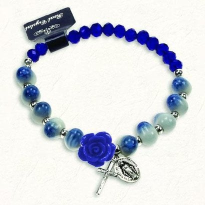 Blue and White Stretch Bracelet w/ Crystals and Blue Rose Shaped Resin Bead