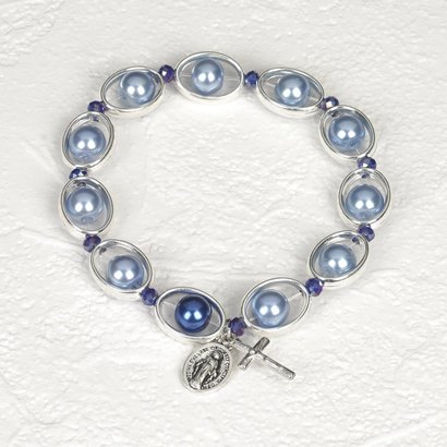 Blue Imitation Pearl & Silver tone Rosary stretch bracelet