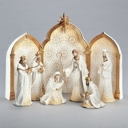 9 Pc Gold and White Nativity Set