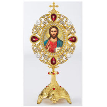 Jesus Christ The Teacher Icon - Monstrance - Reliquary Style Icon Shrine With Cross 7 Inch