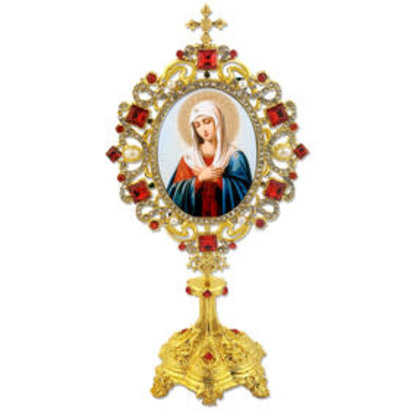 Extreme humility of Virgin Mary Icon Shrine - Monstrance - Reliquary Style - Decorated with Pearls Red and White Crystals 7 Inch