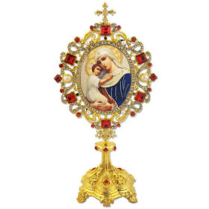 Madonna and Child Icon Shrine Monstrance - Reliquary Style - Decorated with Pearls Red and White Crystals 7 Inch
