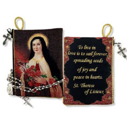 Reversible Saint Therese of The Child Jesus Tapestry Pouch Keepsake Case Holder Purse - With Prayer - Blue 5 1/2 Inch Width