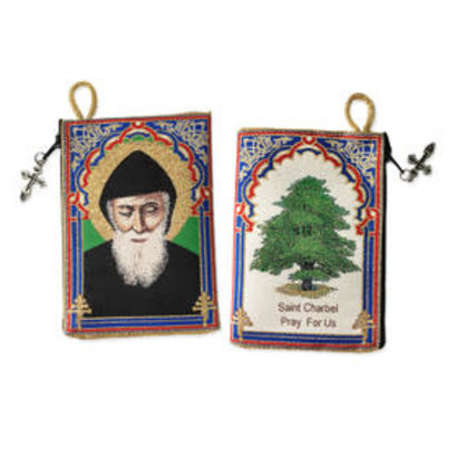 Saint St Charbel (Sharbel) 2 Sided Sacred Image Tapestry Pouch - The “Cedar Tree" ON THE BACK SIDE