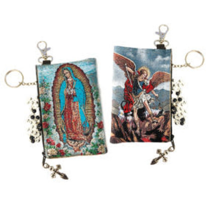 OL of Guadalupe and Saint Michael - Reversible - Tapestry Cloth Rosary Key Chain Coin Holder Case Pouch 4 3/4 Inch Width