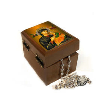 Perpetual Help Icon Keepsake Jewelry Rosary Prayer Bead Ukrainian Wooden Box t 3"x 2 1/4" x 2 1/4" H