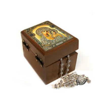Virgin of Kazan Icon Keepsake Jewelry Rosary Prayer Bead Ukrainian Wooden Box 3"x 2 1/4" x 2 1/4" H
