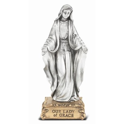 Our Lady of Grace Pewter Statue On Base 4 1/2"
