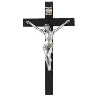 Crucifix,Black Painted Cross,Pewter Style Corpus,10"