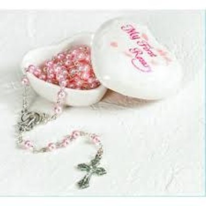 porcelain baby keepsake box with rosary- Pink