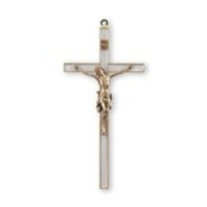 7" Crucifix with Silver Corpus on White and Gold Background, Made in the USA