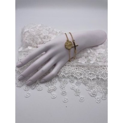 6" St. Benedict Wide Link Bracelet- Stainless Steel Gold Plate
