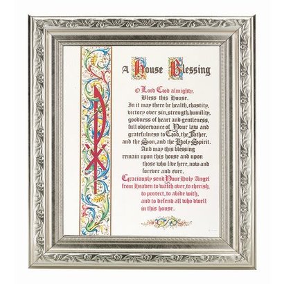 HOUSE BLESSING IN A FINE DETAILED SCROLL CARVINGS ANTIQUE SILVER FRAME10” X 12”