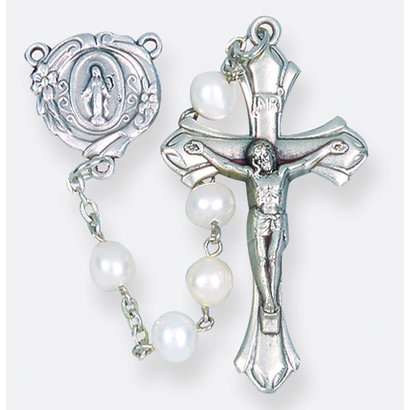 Genuine Fresh Water Round Pearl 6mm Bead Rosary with Deluxe Crucifix and Center, 18"