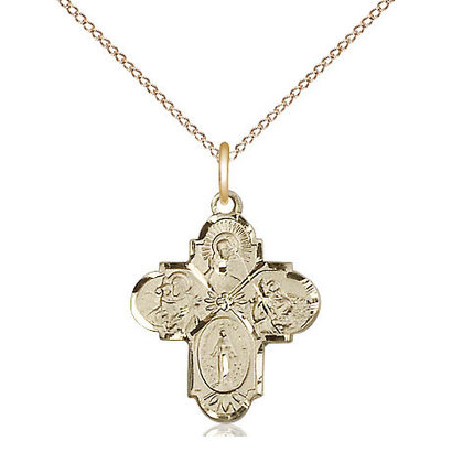 4-Way Medal 14kt Gold Filled, 3/4" x 5/8", with a Gold Filled Light Curb Chain 18"